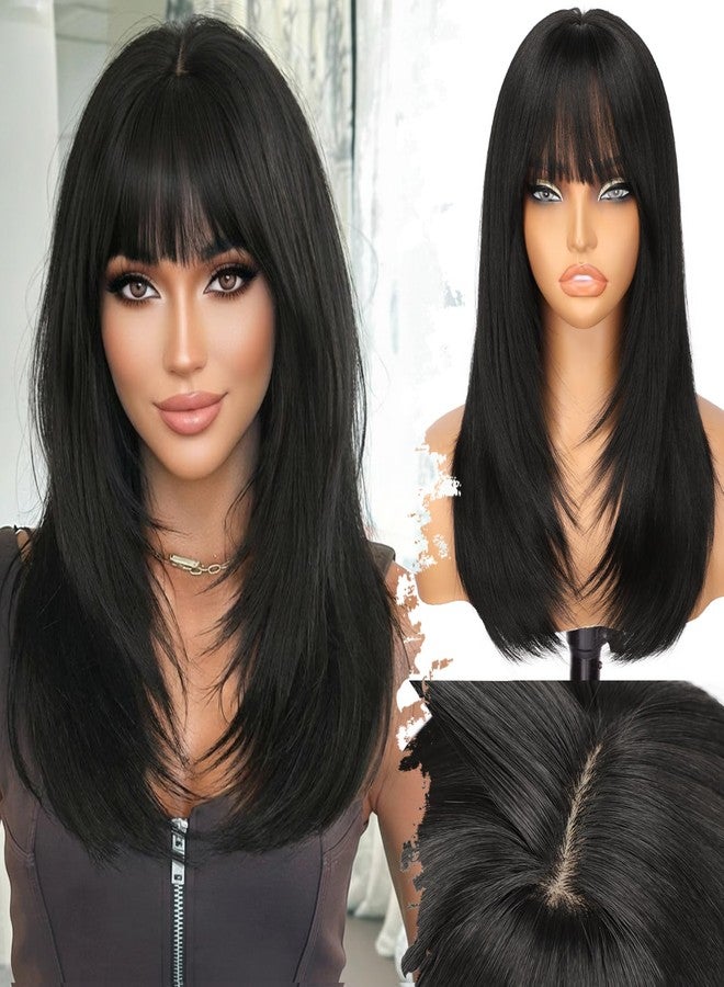 Eawwii Wig with Bangs for Women Black Straight Face-Framing Layers Hairstyle 4x4 Realistic Scalp Glueless Synthetic Wigs Medium Length for Everyday Use - Image 1